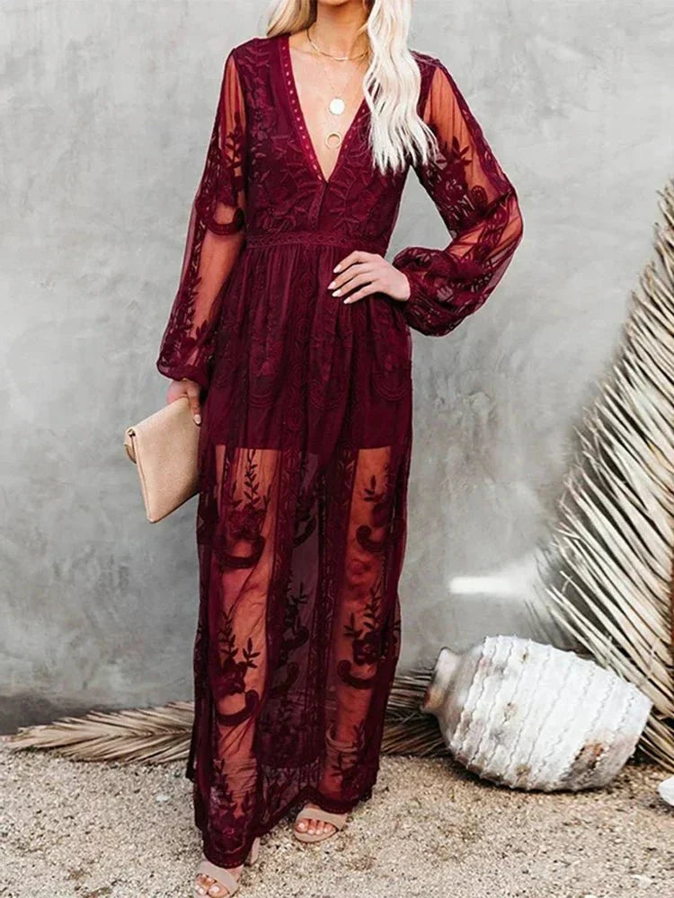 Suzanne - Elegante y vaporoso maxi vestido boho de encaje para mujer