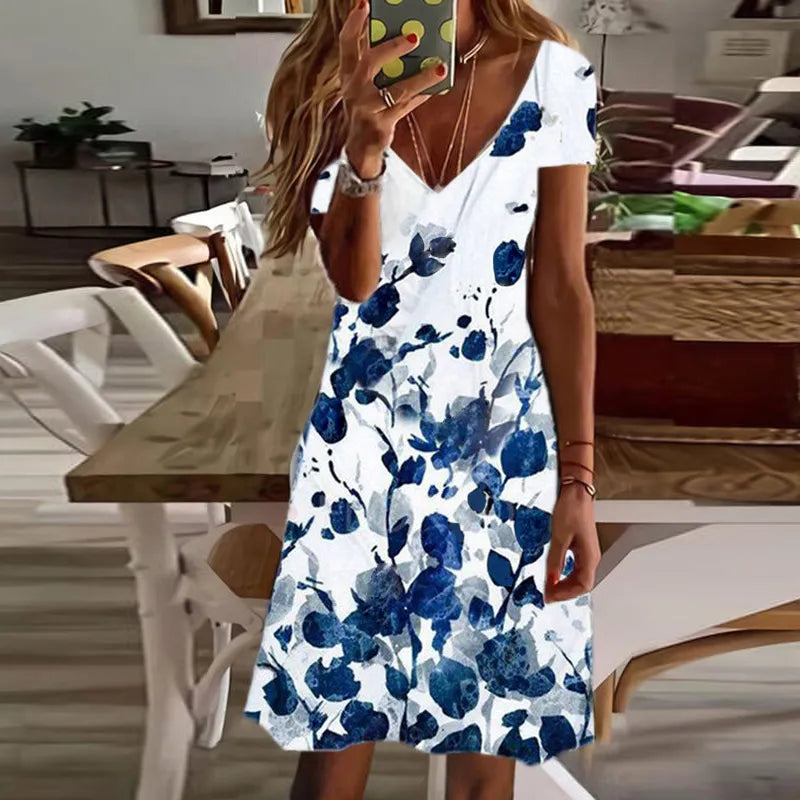 Meredith - Vestido estampado de manga corta y escote en V