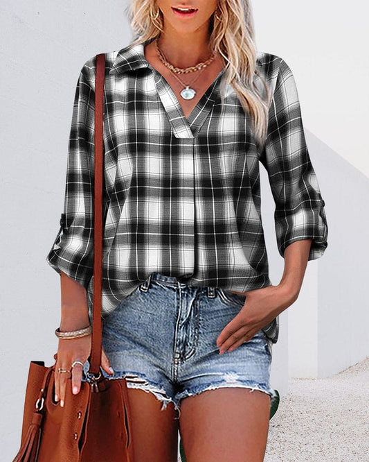 Philomena - Blusa de cuadros de manga larga y escote en pico