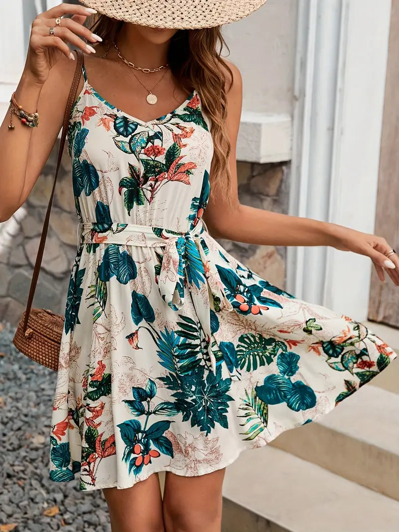 Alva - Vestido de mujer con tirantes finos, escote en V y estampado floral