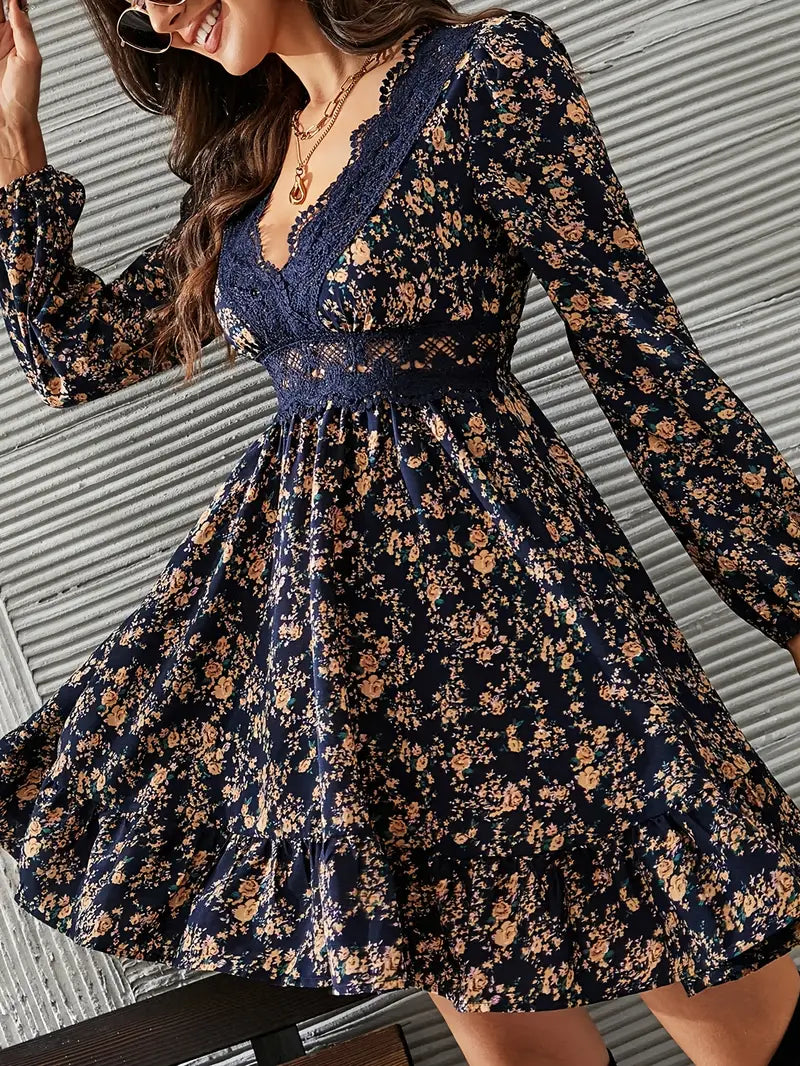 Carol - Vestido con escote en V y ribete de encaje con estampado floral