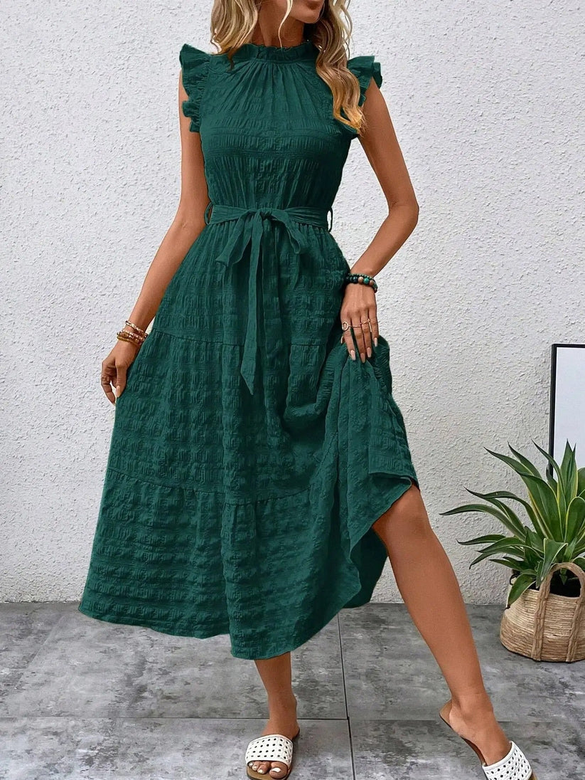 Alison - Vestido largo con cinturón y ribete de volantes para mujer