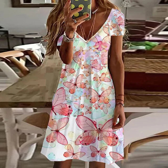 Meredith - Vestido estampado de manga corta y escote en V