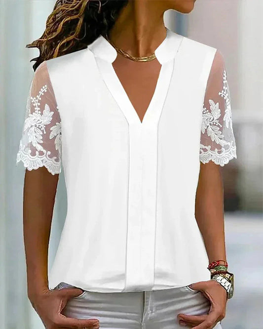 Top sencillo de encaje patchwork con mangas cortas
