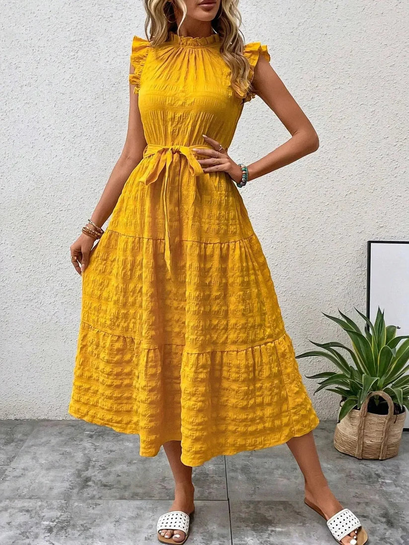 Alison - Vestido largo con cinturón y ribete de volantes para mujer