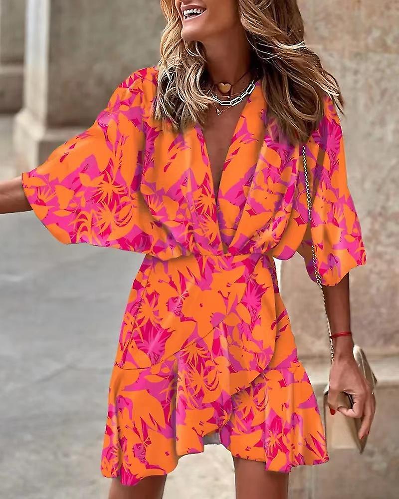 Thora  - Vestido estampado con cuello en V y manga murciélago