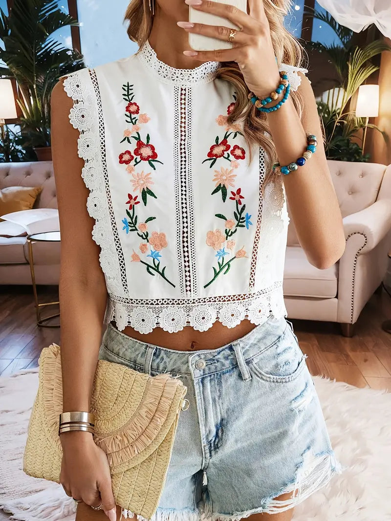 Flora - Camisa de patchwork sin mangas con bordado floral para mujer