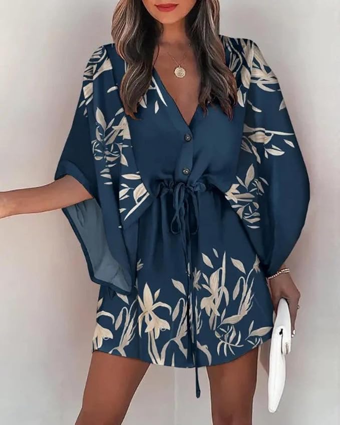 Adeliza - Vestido estampado con cuello en V y mangas de murciélago