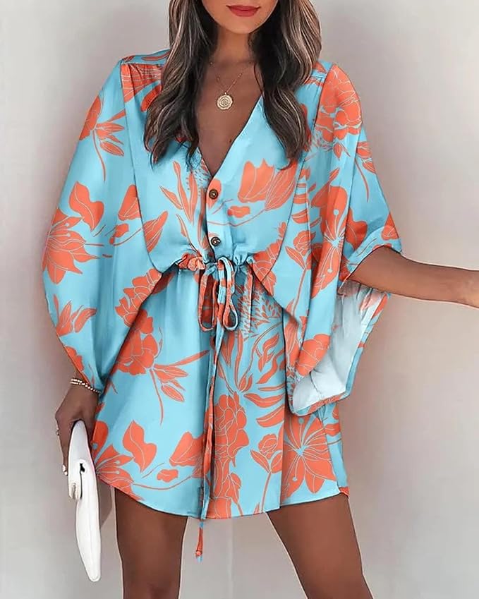 Adeliza - Vestido estampado con cuello en V y mangas de murciélago