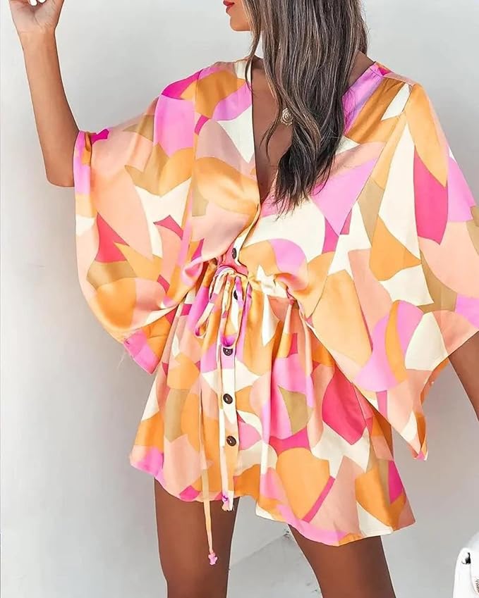 Adeliza - Vestido estampado con cuello en V y mangas de murciélago