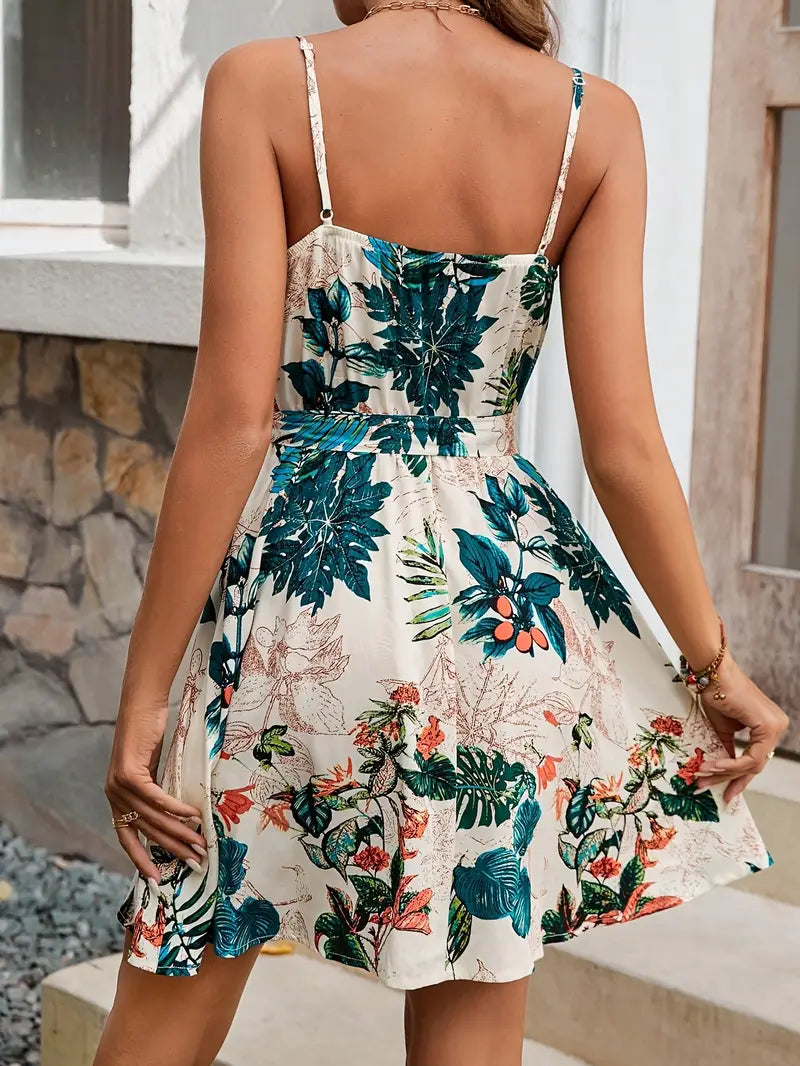 Alva - Vestido de mujer con tirantes finos, escote en V y estampado floral