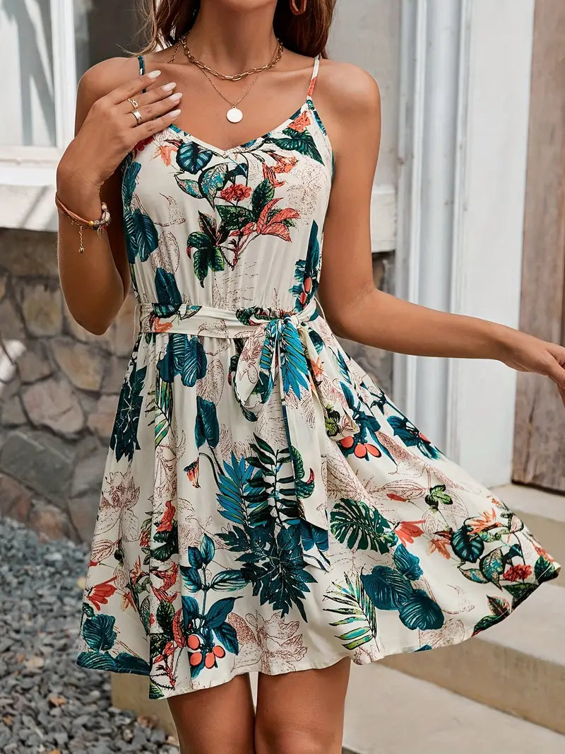 Alva - Vestido de mujer con tirantes finos, escote en V y estampado floral