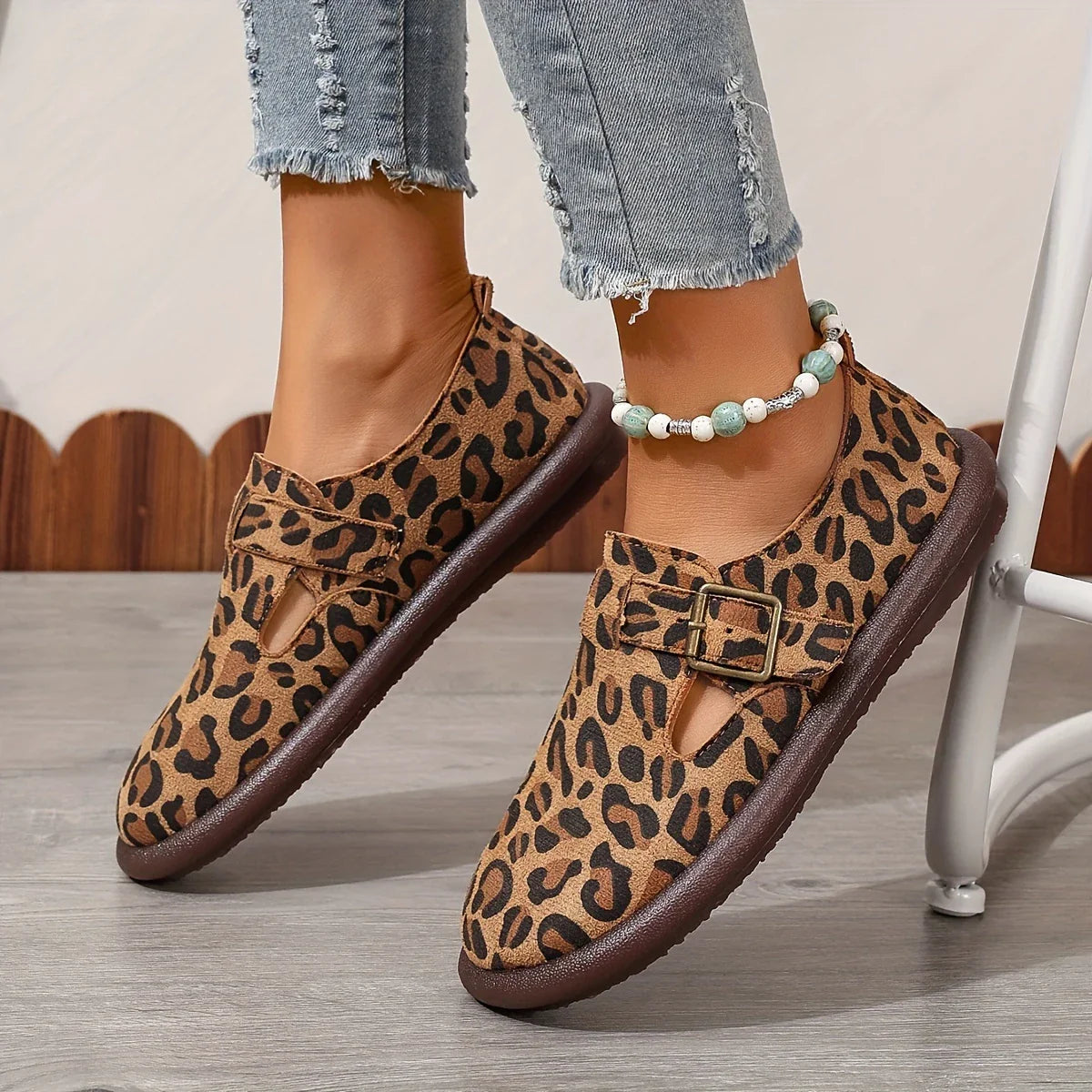 Ingrada - Zapatos planos de mujer con estampado de leopardo