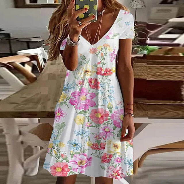 Meredith - Vestido estampado de manga corta y escote en V