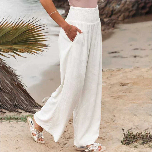 Margaret - Pantalones de algodón y lino de cintura alta