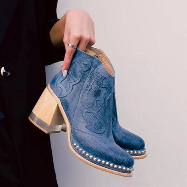Botines con Tacón Cuadrado Bordado con Tachuela