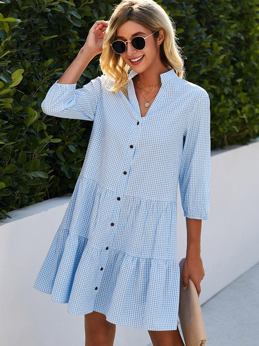 Delphine - Vestido con cuello de pico, estampado de rayas y tapeta de botones