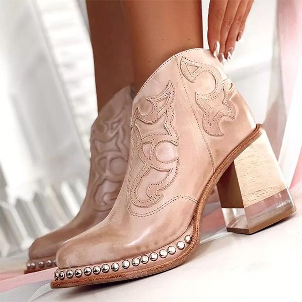 Botines con Tacón Cuadrado Bordado con Tachuela