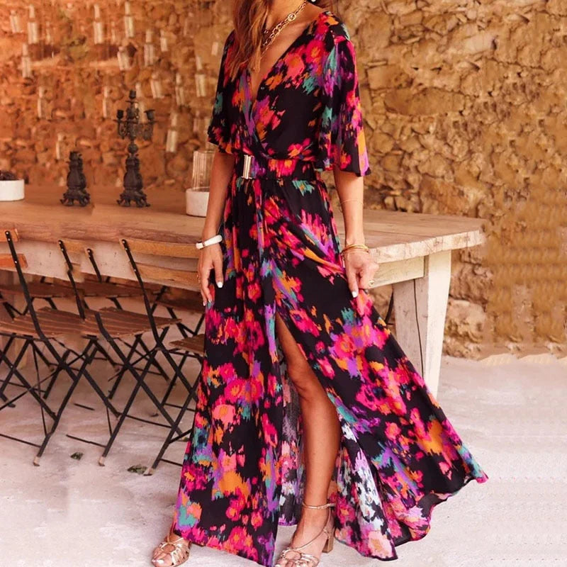 Vina - Elegante maxi vestido estampado con abertura