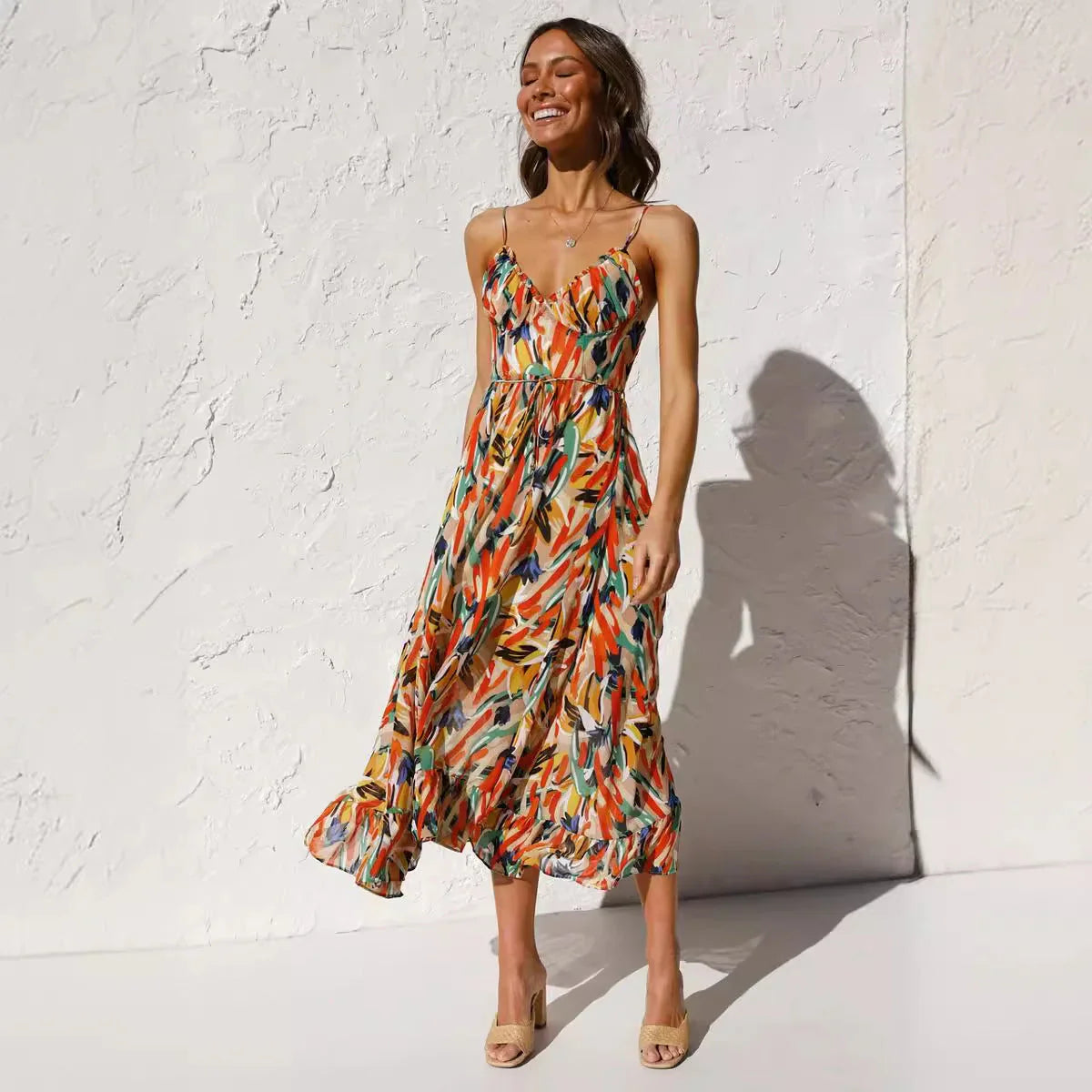 Odisa - Vestido de verano estampado sin mangas con escote en V