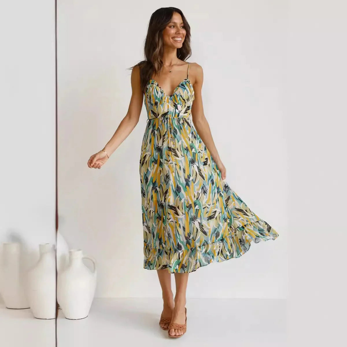 Odisa - Vestido de verano estampado sin mangas con escote en V