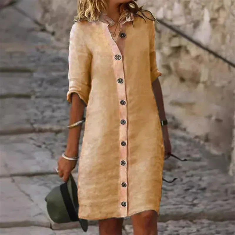 Elvera - Vestido camisero de lino y algodón con mangas hasta la rodilla