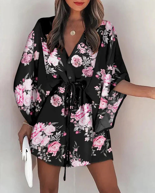 Adeliza - Vestido estampado con cuello en V y mangas de murciélago