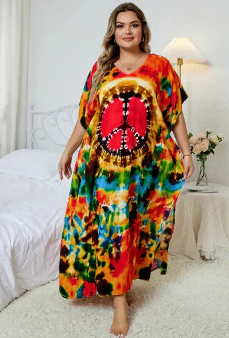 Sherman - Vestido boho suelto multicolor con escote en pico
