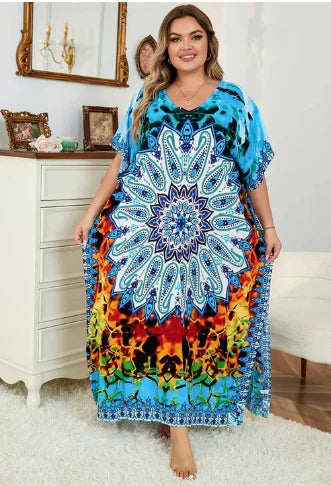 Sherman - Vestido boho suelto multicolor con escote en pico