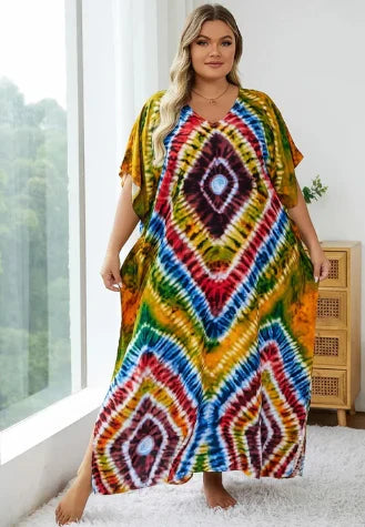 Sherman - Vestido boho suelto multicolor con escote en pico