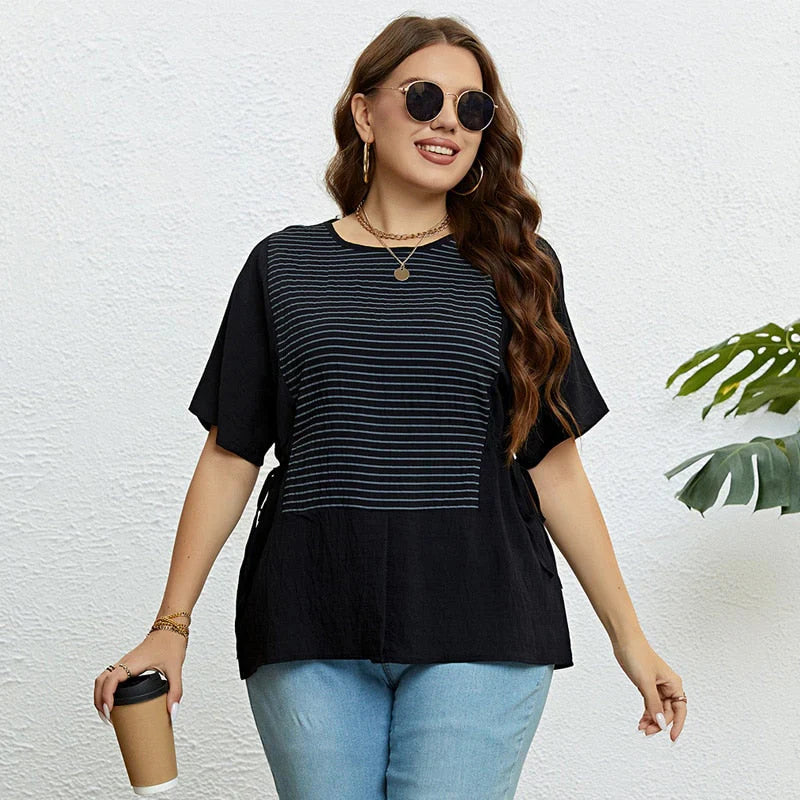 Aubrey - Camiseta de cuello redondo con parches de rayas para mujer