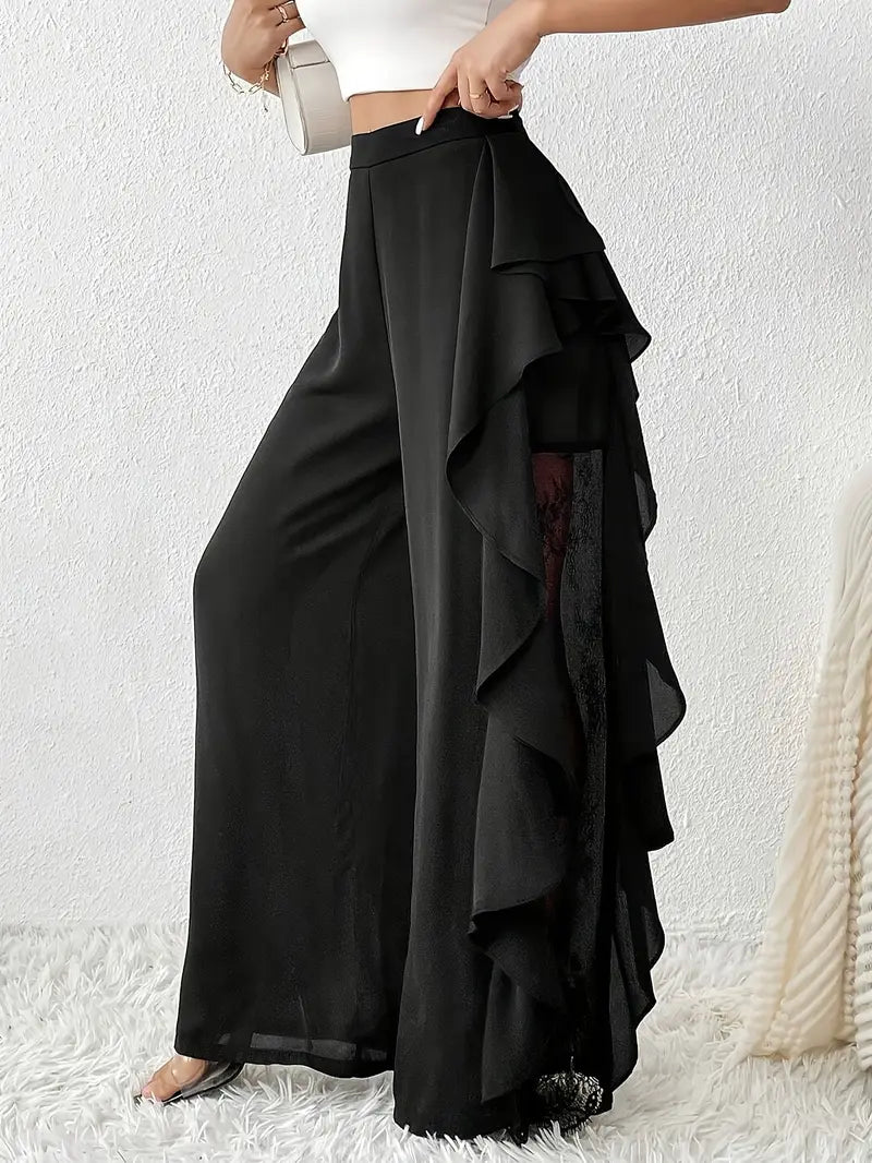 Dorice - Elegantes pantalones anchos con ribete de encaje.