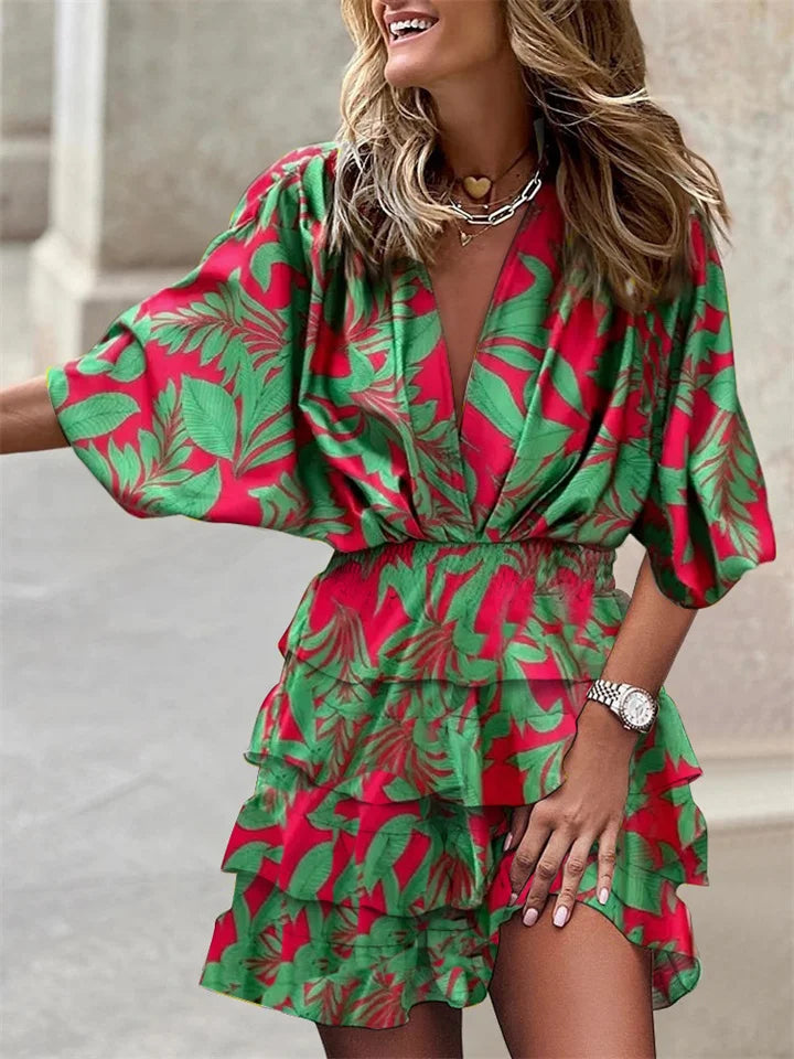Marion - Vestido estampado con cuello en V y manga murciélago