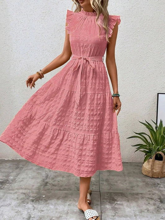 Alison - Vestido largo con cinturón y ribete de volantes para mujer