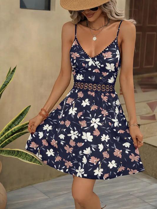 Meredith - Vestido sin mangas con cuello en V y estampado floral bohemio