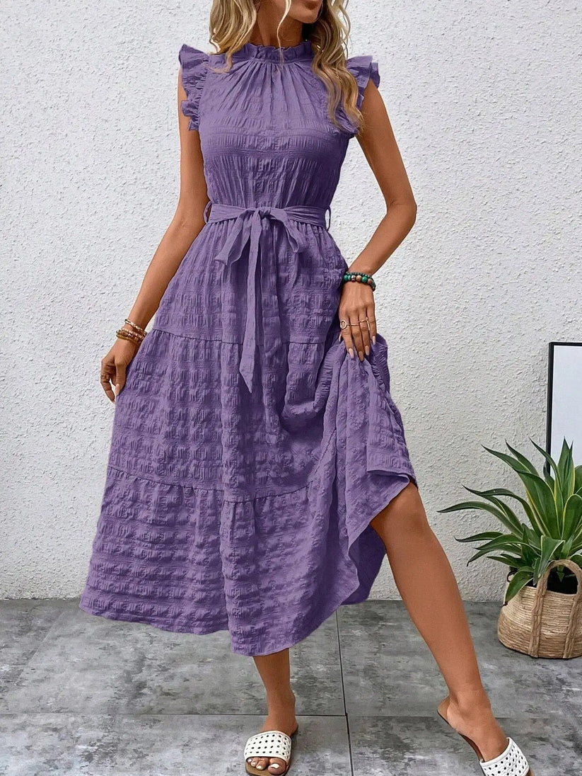 Alison - Vestido largo con cinturón y ribete de volantes para mujer