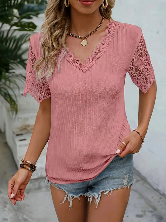 Philippa - Blusa de manga corta con escote en pico y encaje en contraste