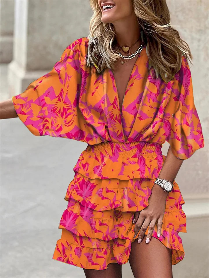 Marion - Vestido estampado con cuello en V y manga murciélago