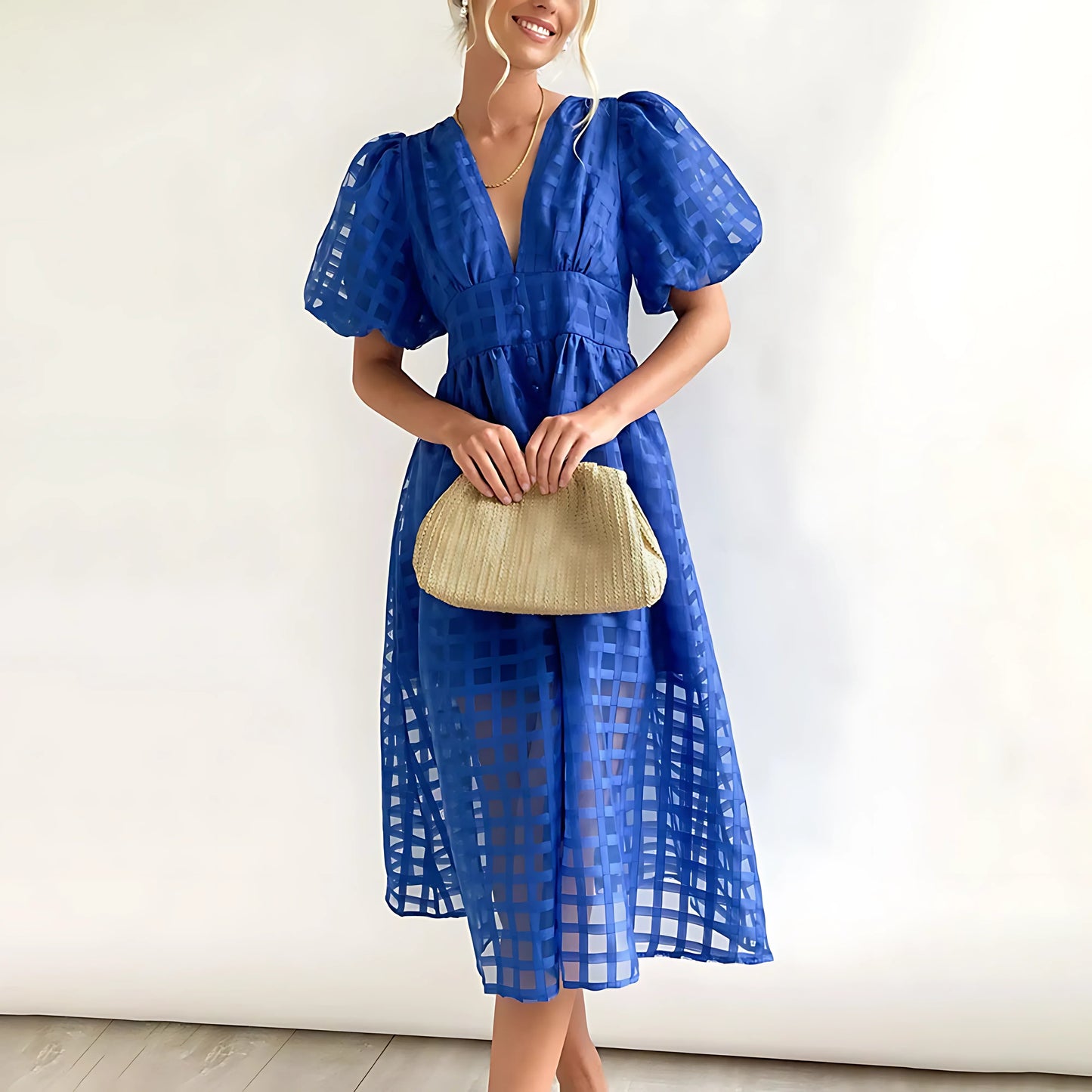 Alexandra - Vestido midi con estampado cuadrado y mangas abullonadas