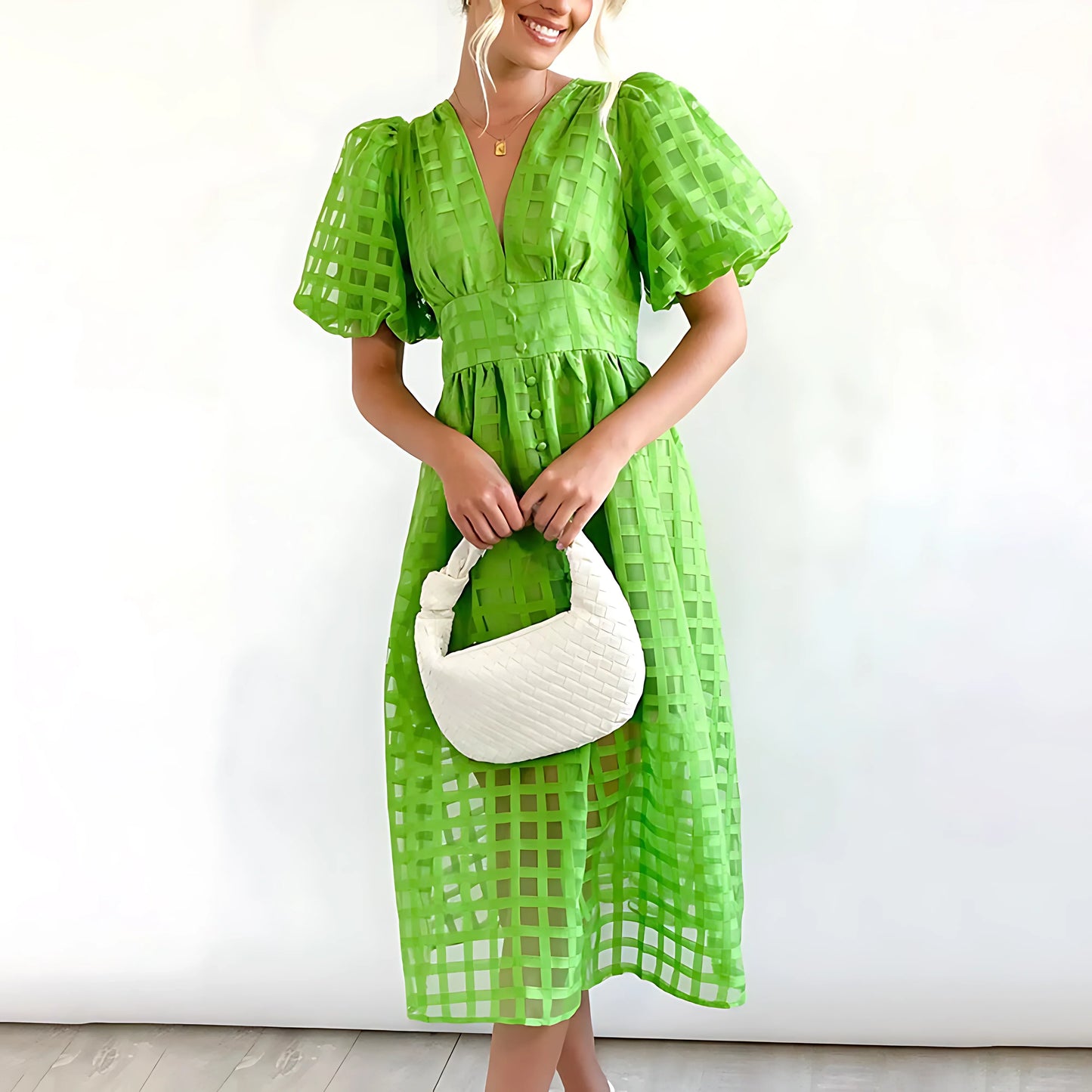 Alexandra - Vestido midi con estampado cuadrado y mangas abullonadas
