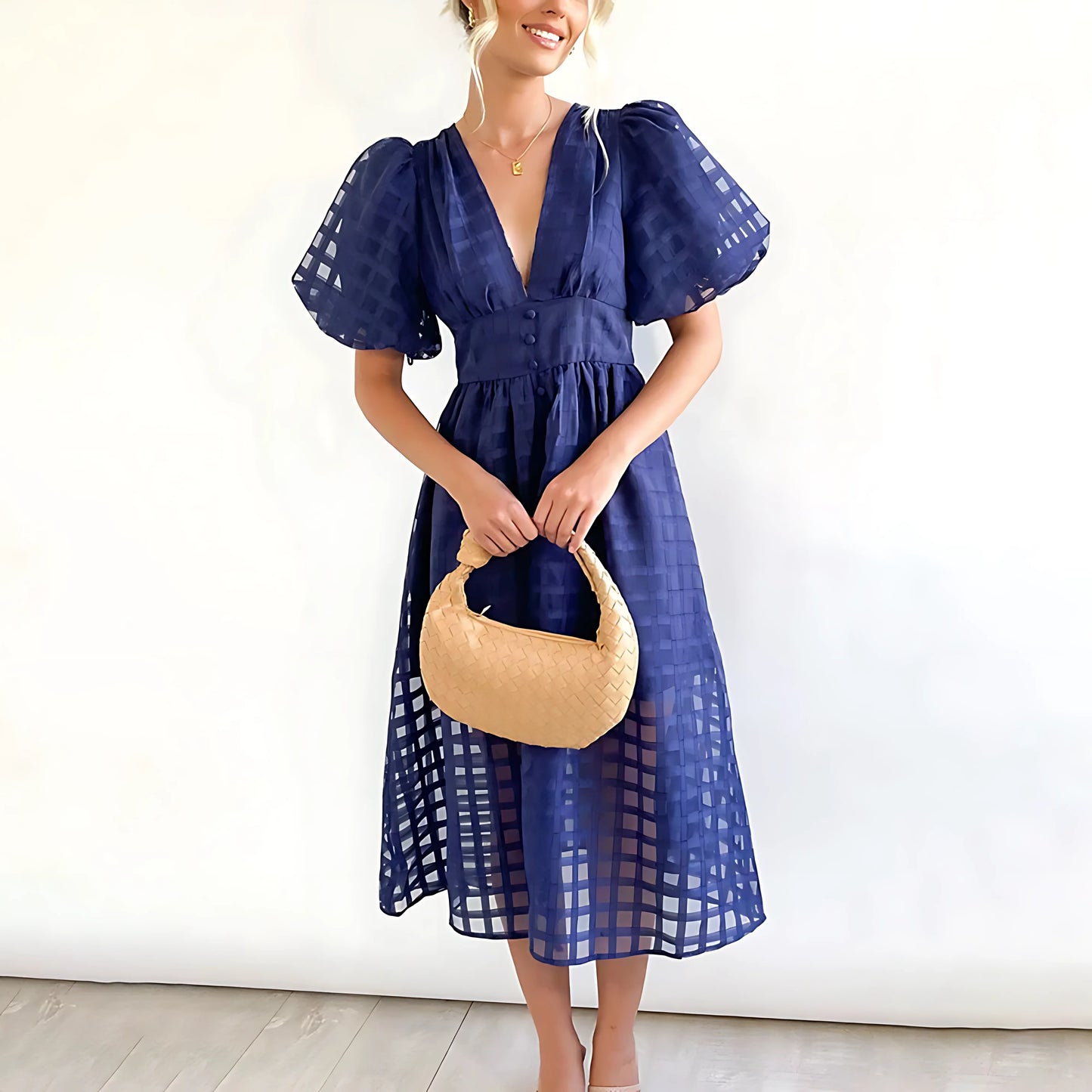Alexandra - Vestido midi con estampado cuadrado y mangas abullonadas