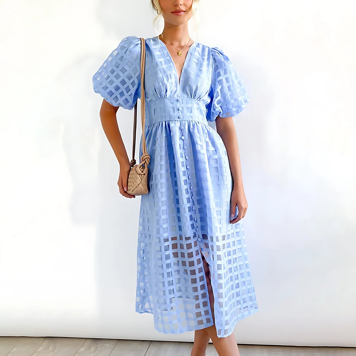 Alexandra - Vestido midi con estampado cuadrado y mangas abullonadas