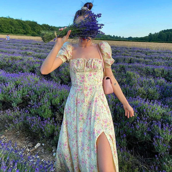Aurelie - Vestido floral femenino con mangas abullonadas